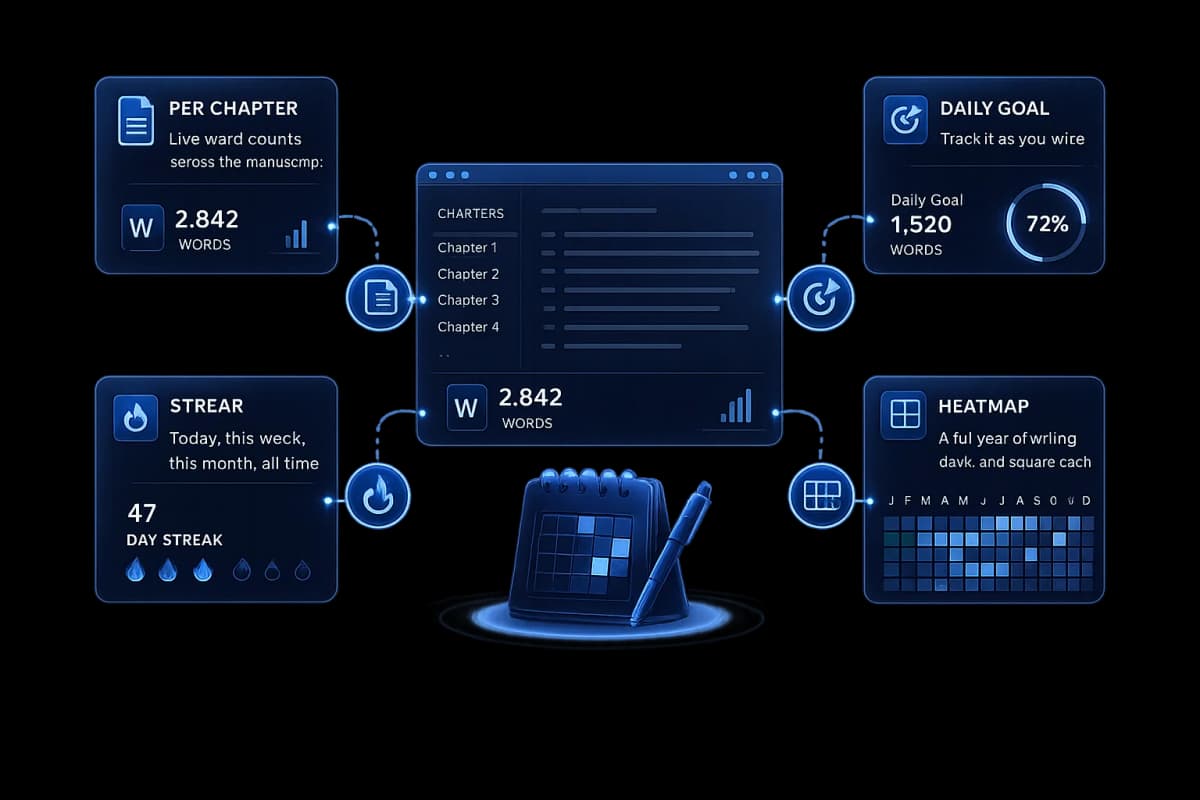 Writing goals, word count, streak and heatmap tracking in AuthorFlows