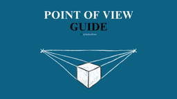 A dark blue banner with the title "POINT OF VIEW GUIDE" in white and black letters. The subtitle "By @Authorflows" is below. The lower half of the image features a white line-art drawing of a cube in perspective, with converging lines extending from the cube's corners to two distant vanishing points on the horizon. The drawing visually represents the concept of perspective or point of view.