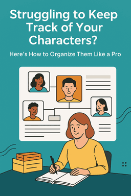Digital illustration of a writer organizing character profiles on a large screen, surrounded by character cards, timelines, and relationship charts, with bold colors and creative design representing character tracking and novel writing.