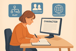 A digital illustration of a fiction writer sitting at a desk with open notebooks, character sketches, and story maps displayed around them. Behind the writer, a computer screen shows the AuthorFlows interface with organized character profiles and plot diagrams. The scene visually represents the concept of organizing a novel with digital tools.