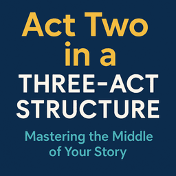A bold, horizontally oriented digital illustration featuring the title “Act Two in a Three-Act Structure: Secrets to Master the Middle of Your Story,” with clean typography and contrasting colors, designed to visually capture the complexity and rhythm of Act II in storytelling.