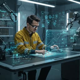  A hyper-realistic digital illustration of a futuristic workspace where an author, dressed in an engineer's attire, is meticulously crafting a story structure. The environment is illuminated by ambient lighting with hues of neon blue and soft white, reflecting off metallic surfaces and glass panels. Floating digital elements and large transparent screens showcase evolving story timelines and character development charts.