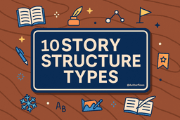 A creative and simple visual for a blog post titled "10 Popular Story Structures Guide And How To Use Them." The central element is a dark blue rectangular sign with rounded corners, outlined in cream, prominently displaying "10 STORY STRUCTURE TYPES" in large, light blue capital letters. Below the title, "@Authorflows" is written in smaller text. Around the sign, various light blue and orange icons related to writing and storytelling are scattered on a brown, wood-grain background, including: an open book, a quill and inkwell, connecting dots (representing plot), a flag (representing a goal), a star, a pen, a snowflake, an "AB" (possibly for outlining), a line graph with an arrow (representing plot progression), and an open book with a quill over it.