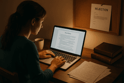 Focused writer working on a short story at night, editing a manuscript on her laptop with handwritten notes nearby and a rejection letter pinned to a corkboard in the background.