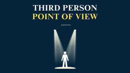 A dark blue banner with the title "THIRD PERSON POINT OF VIEW" in white and yellow letters. The subtitle "By @Authorflows" is below it. The lower half of the image shows a white stick figure standing under two spotlights. The visual represents a narrative being viewed from an external, illuminated perspective.