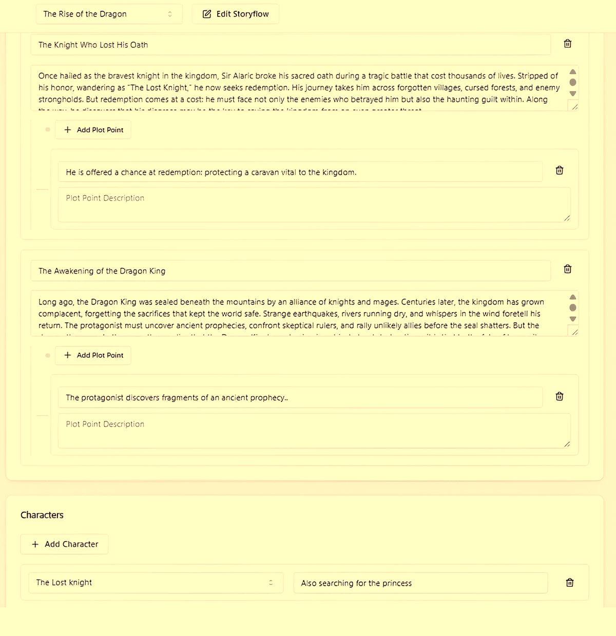 AuthorFlows novel planning software plot points and chapter sections arranged for a novel outline.